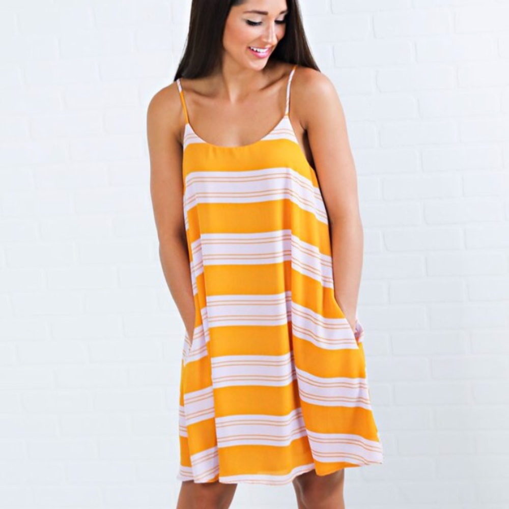 Striped Yellow, White, and Blush Dress